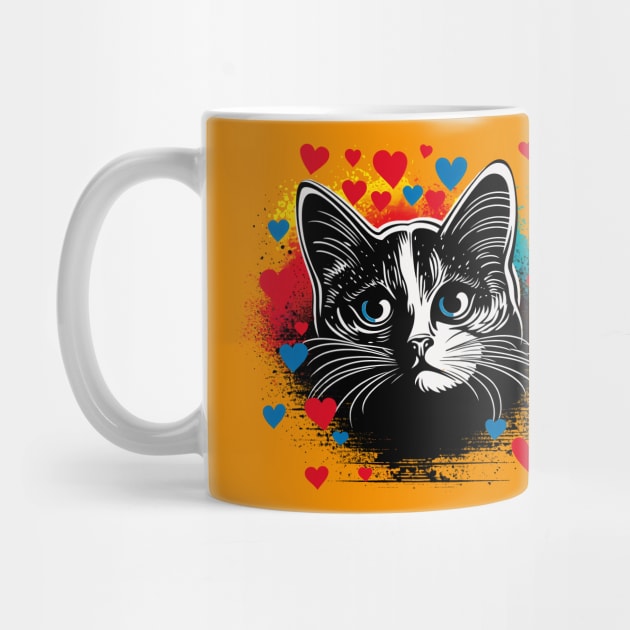 Expressionist black cat hearts design love for cat owner gift by Czajnikolandia